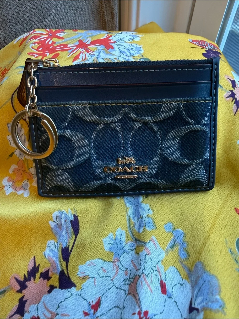 Coach Navy/Khaki Signature Canvas Card Case Key Ring